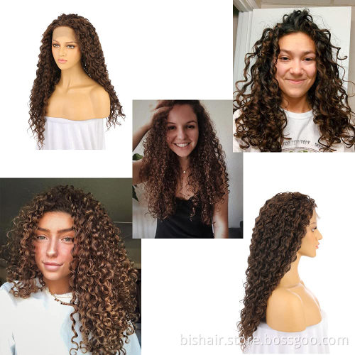 Low price lace front wig synthetic lace front wig long curly hair cheap wate wave curly women's daily party cosplay curly brown
